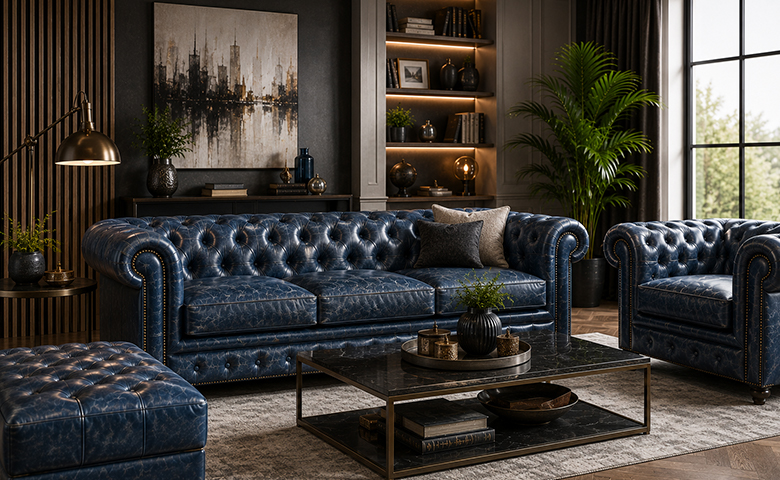 Elegantna Chesterfield sofa u modernom luksuznom dnevnom boravku s minimalističkim detaljima