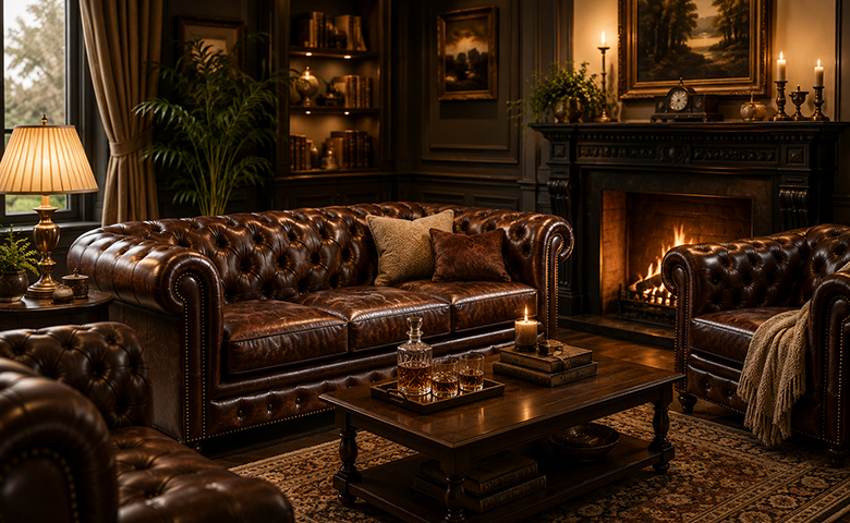 Luksuzna Chesterfield sofa u elegantnom dnevnom boravku s toplim i modernim interijerom