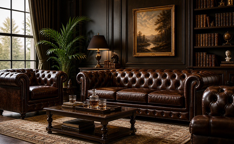 Elegantna Chesterfield sofa u luksuznom dnevnom boravku s klasičnim capitonné prošivanjem