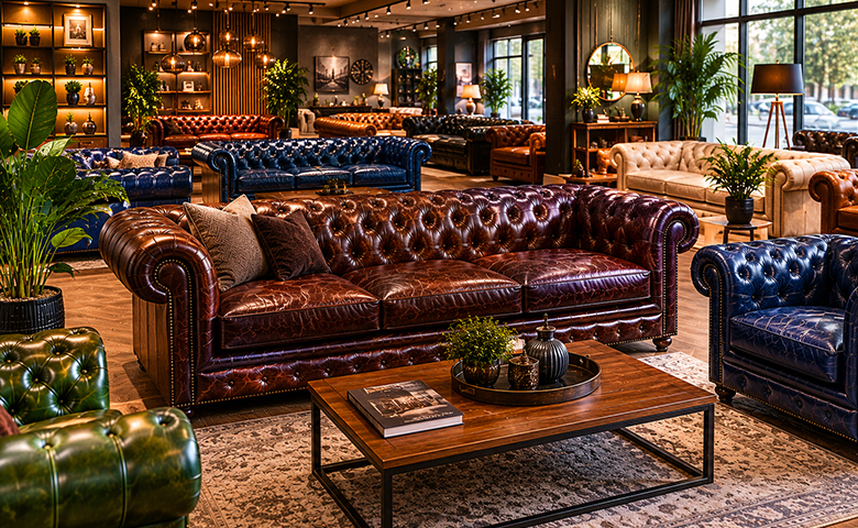 Elegantna Chesterfield sofa u moderno uređenom dnevnom boravku s luksuznim detaljima