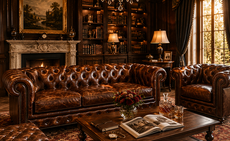 Luksuzna Chesterfield sofa u elegantnom dnevnom boravku koja predstavlja spoj tradicije i vrhunskog dizajna.