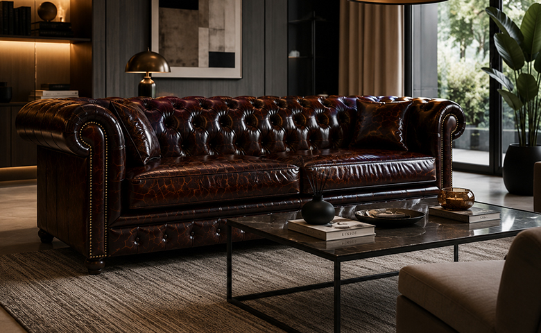 Chesterfield sofa kombinirana s modernim namještajem u elegantnom suvremenom dnevnom boravku