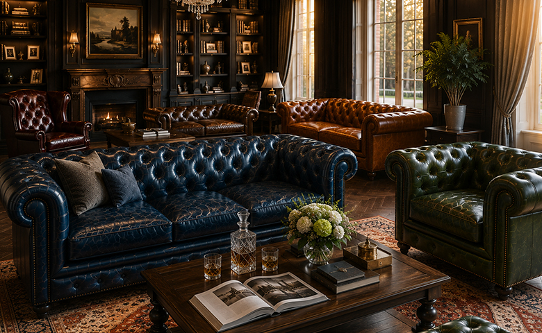Chesterfield sofe u elegantnim bojama prirodne kože za luksuzno uređenje dnevnog boravka