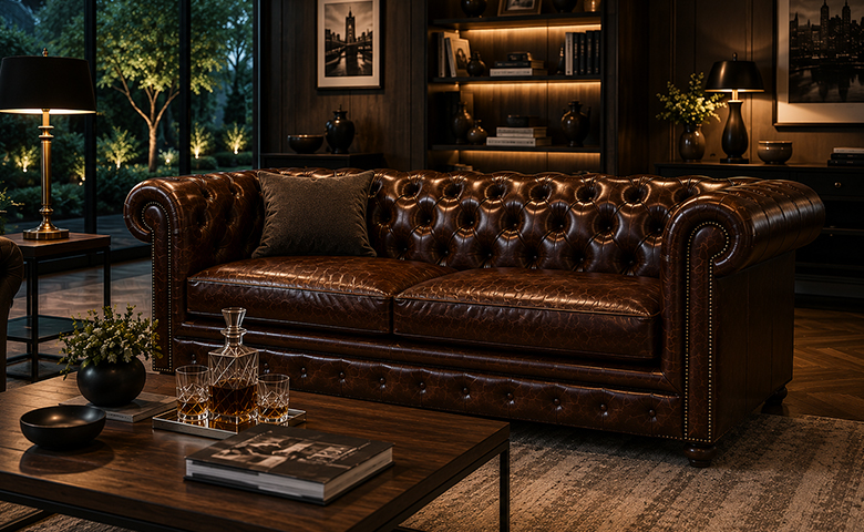 Luksuzna Chesterfield sofa kao centralni detalj elegantnog dnevnog boravka s modernim dizajnom